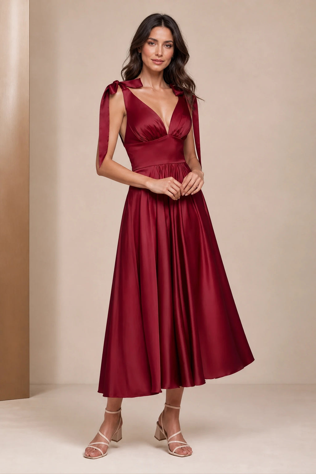 Romantic A-Line V-Neck Tie-Strap Low-Back Midi Bridesmaid Dress