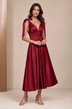 Romantic A-Line V-Neck Tie-Strap Low-Back Midi Bridesmaid Dress