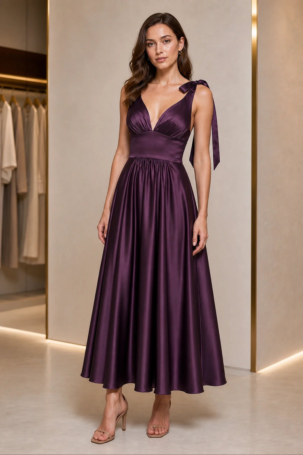 Romantic A-Line V-Neck Tie-Strap Low-Back Midi Bridesmaid Dress