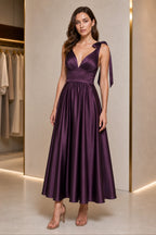 Romantic A-Line V-Neck Tie-Strap Low-Back Midi Bridesmaid Dress