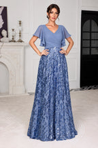 Elegant A-Line V-Neck Flutter Sleeve V-Back Long Mother of the Bride Dress