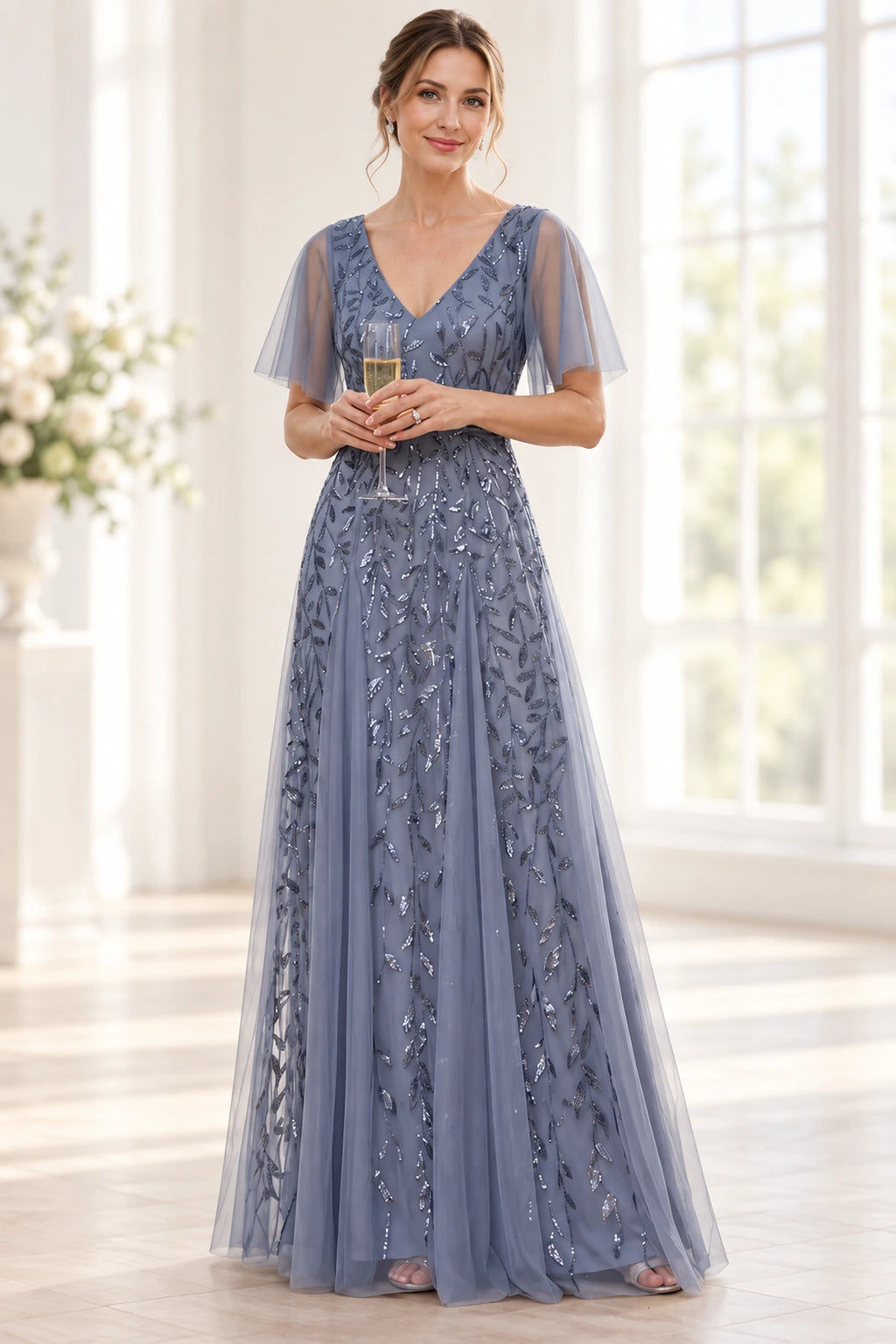 Dusty blue A-line Mother of the Bride Dress with V-neck flutter sleeves and shimmering leaf embellishments