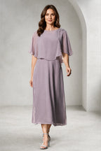 Vedress dusty mauve A-line mother of the bride dress with bateau neckline cape sleeves and shoulder embellishment front view