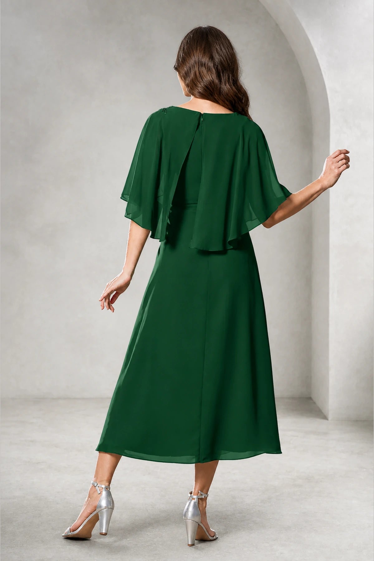 Refined A-Line Bateau Cape Sleeve Zipper Back Tea-Length Mother of Bride Dress