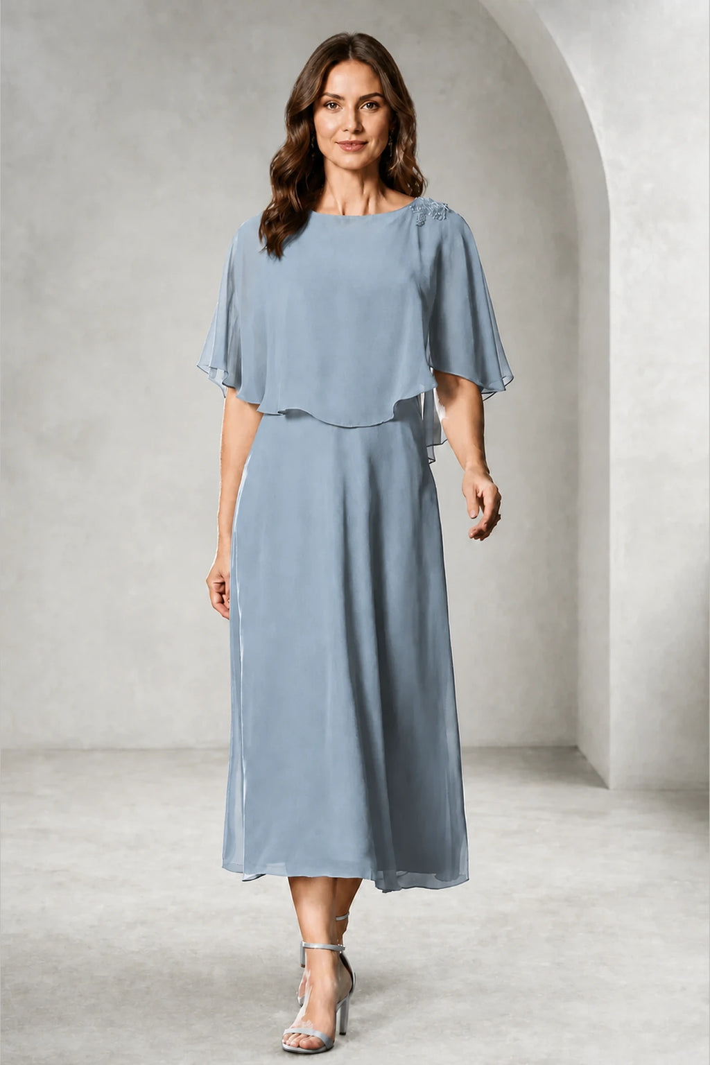 Refined A-Line Bateau Cape Sleeve Zipper Back Tea-Length Mother of Bride Dress