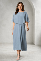 Refined A-Line Bateau Cape Sleeve Zipper Back Tea-Length Mother of Bride Dress