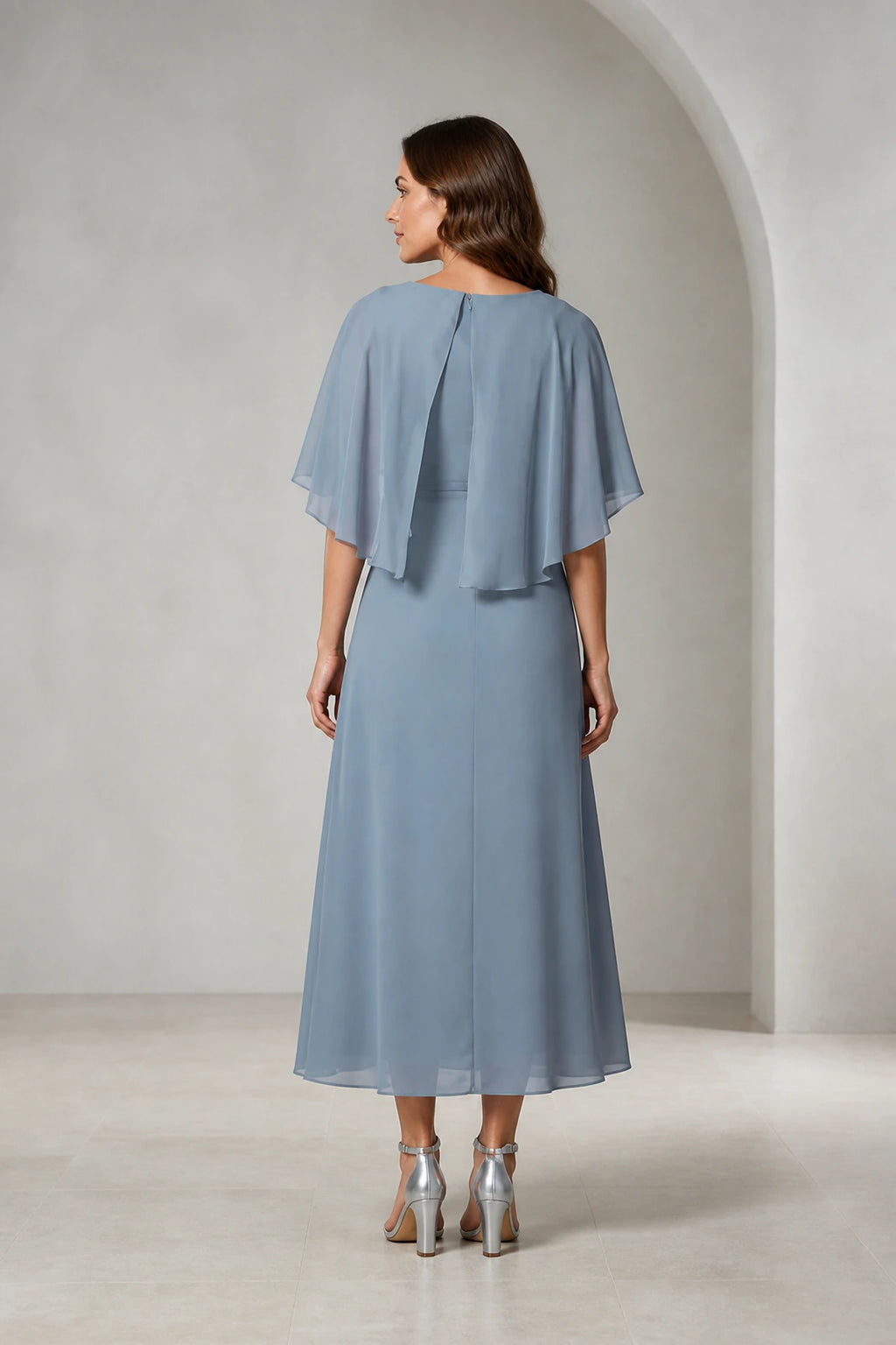 Refined A-Line Bateau Cape Sleeve Zipper Back Tea-Length Mother of Bride Dress