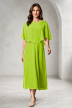 Refined A-Line Bateau Cape Sleeve Zipper Back Tea-Length Mother of Bride Dress