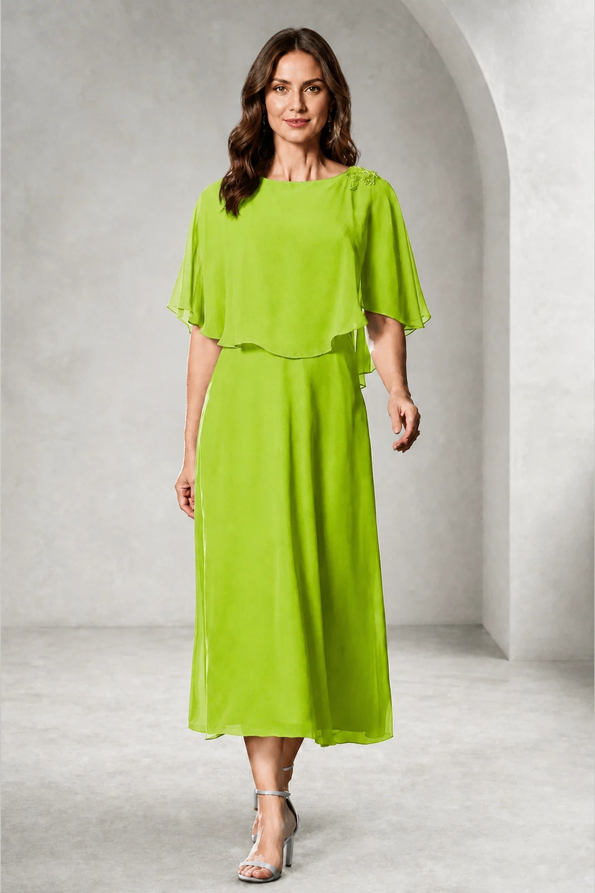 Refined A-Line Bateau Cape Sleeve Zipper Back Tea-Length Mother of Bride Dress