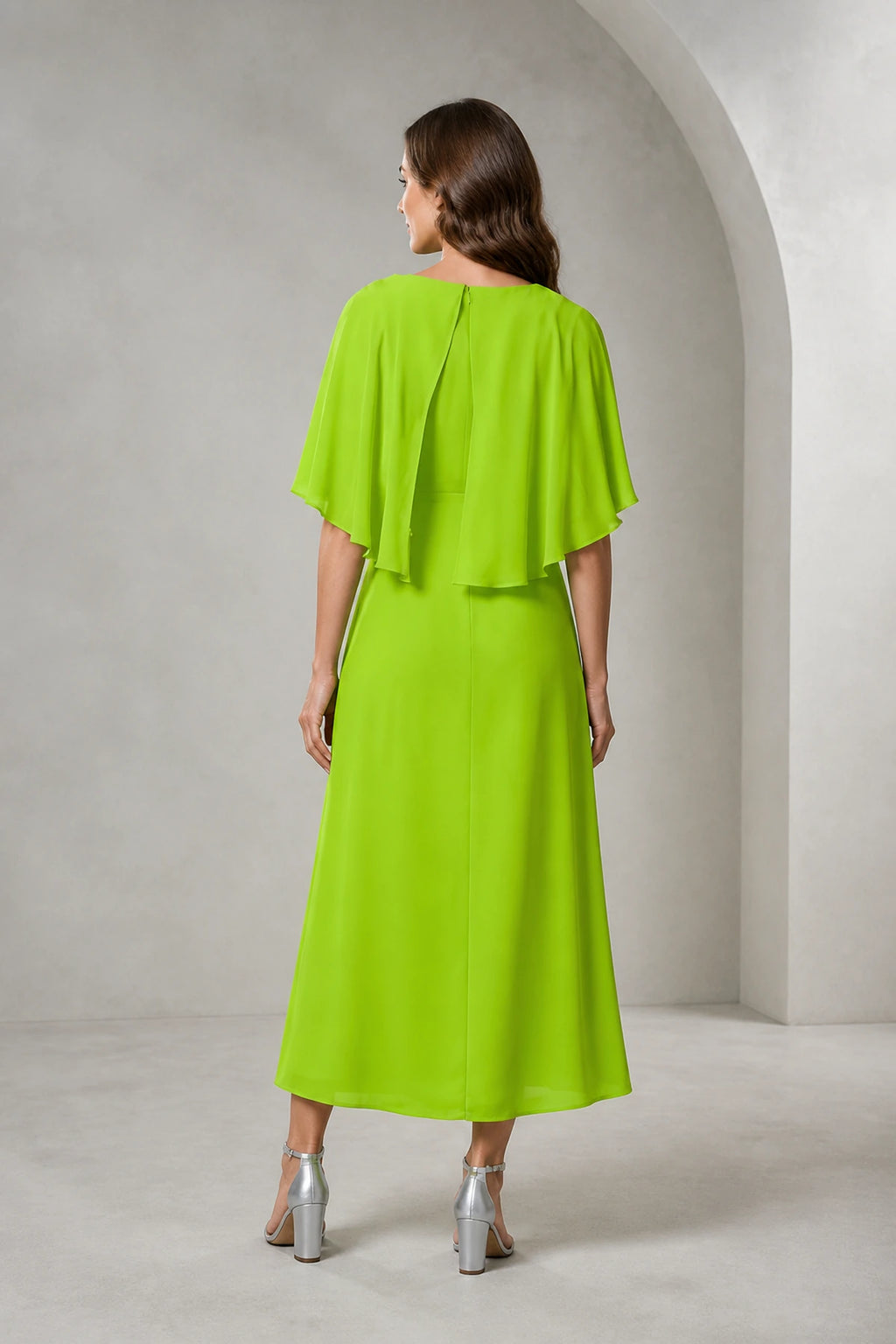 Refined A-Line Bateau Cape Sleeve Zipper Back Tea-Length Mother of Bride Dress