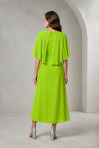 Refined A-Line Bateau Cape Sleeve Zipper Back Tea-Length Mother of Bride Dress