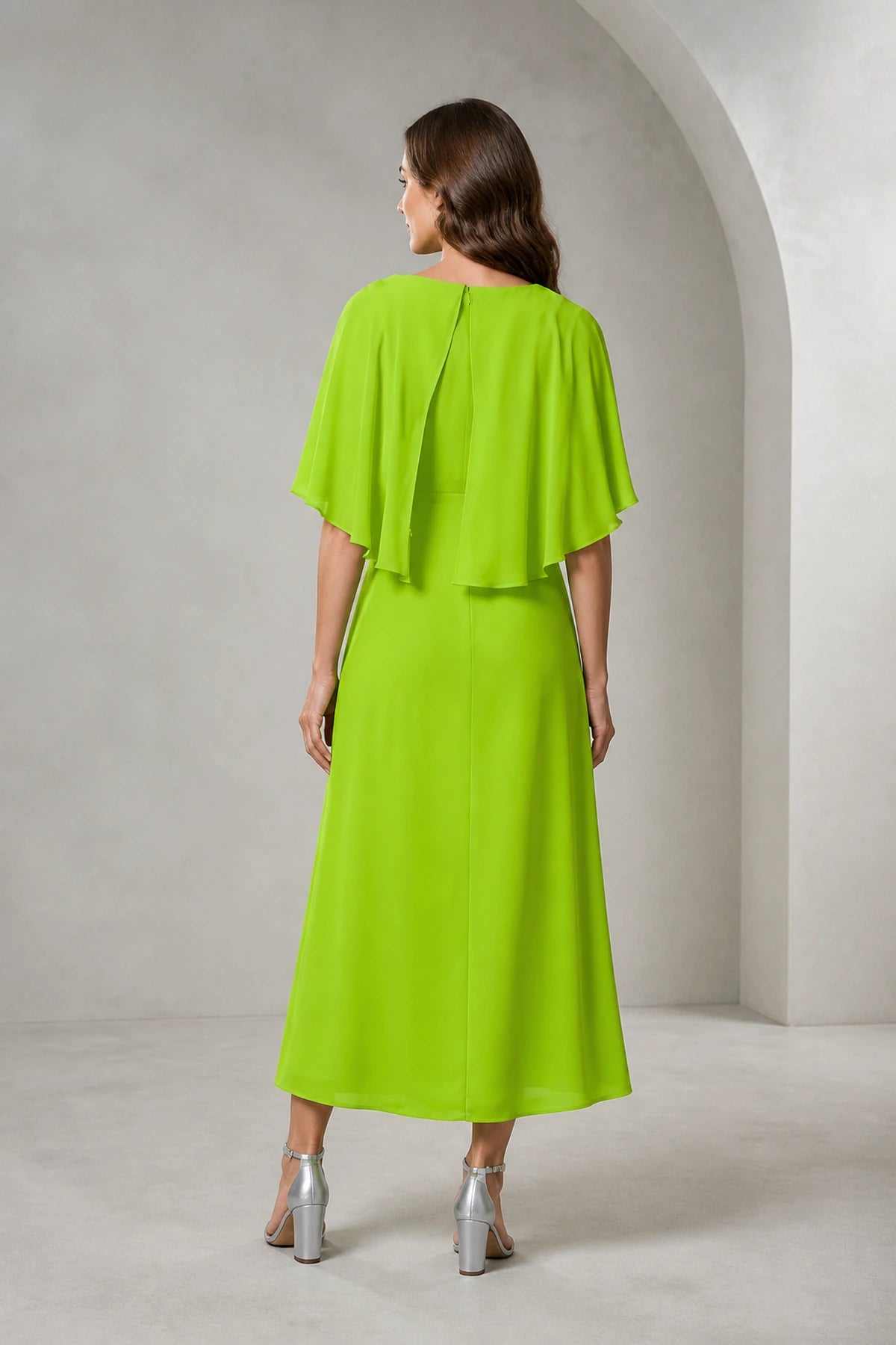 Refined A-Line Bateau Cape Sleeve Zipper Back Tea-Length Mother of Bride Dress