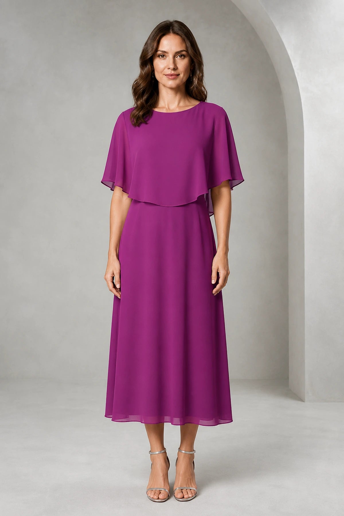 Refined A-Line Bateau Cape Sleeve Zipper Back Tea-Length Mother of Bride Dress