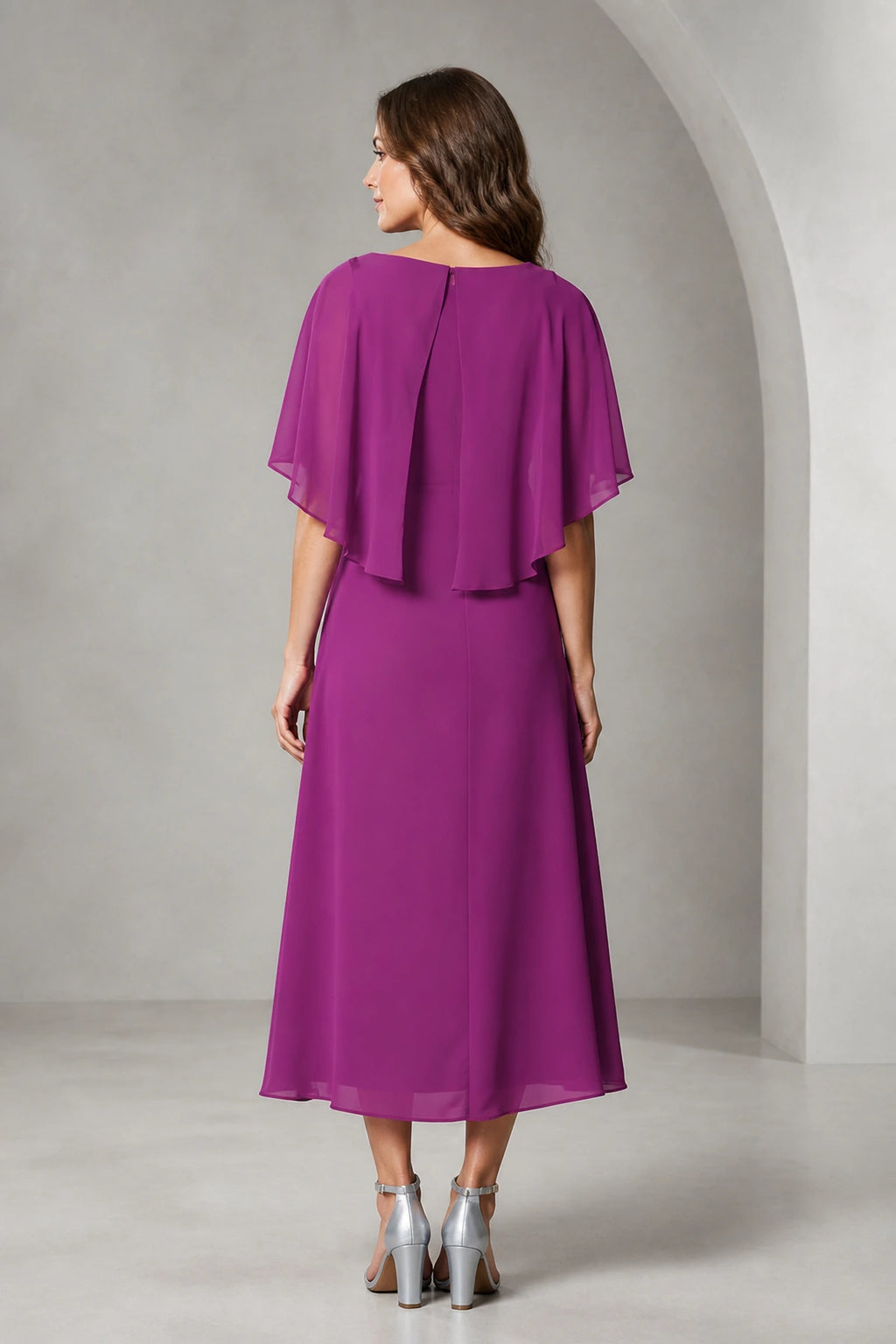 Refined A-Line Bateau Cape Sleeve Zipper Back Tea-Length Mother of Bride Dress