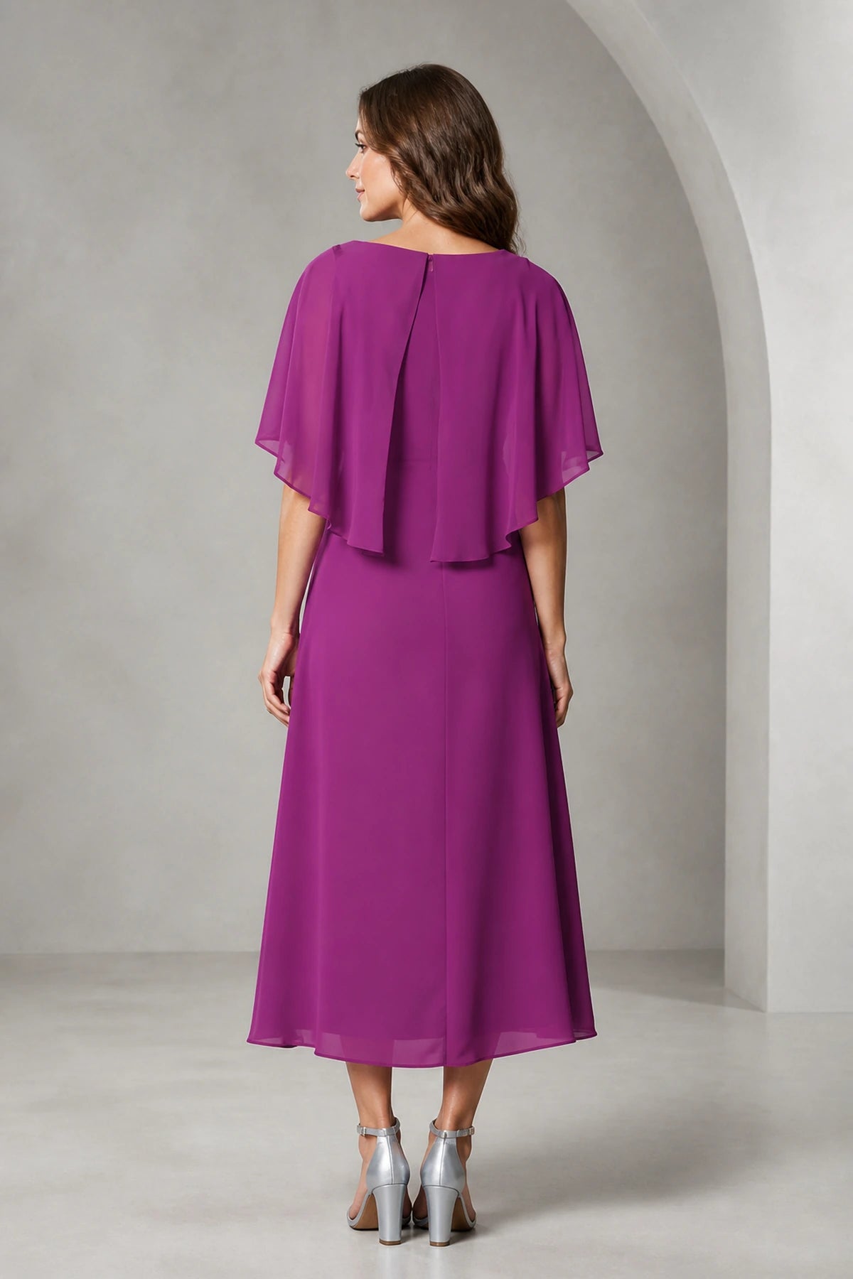 Refined A-Line Bateau Cape Sleeve Zipper Back Tea-Length Mother of Bride Dress