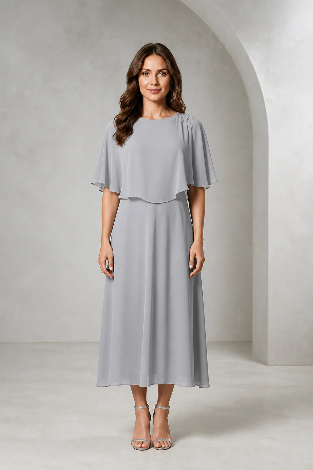 Refined A-Line Bateau Cape Sleeve Zipper Back Tea-Length Mother of Bride Dress