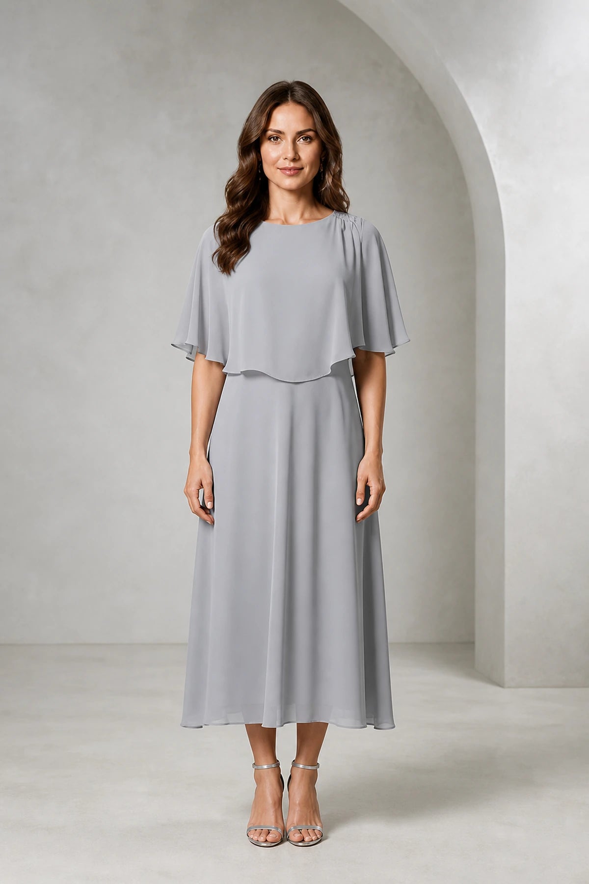 Refined A-Line Bateau Cape Sleeve Zipper Back Tea-Length Mother of Bride Dress