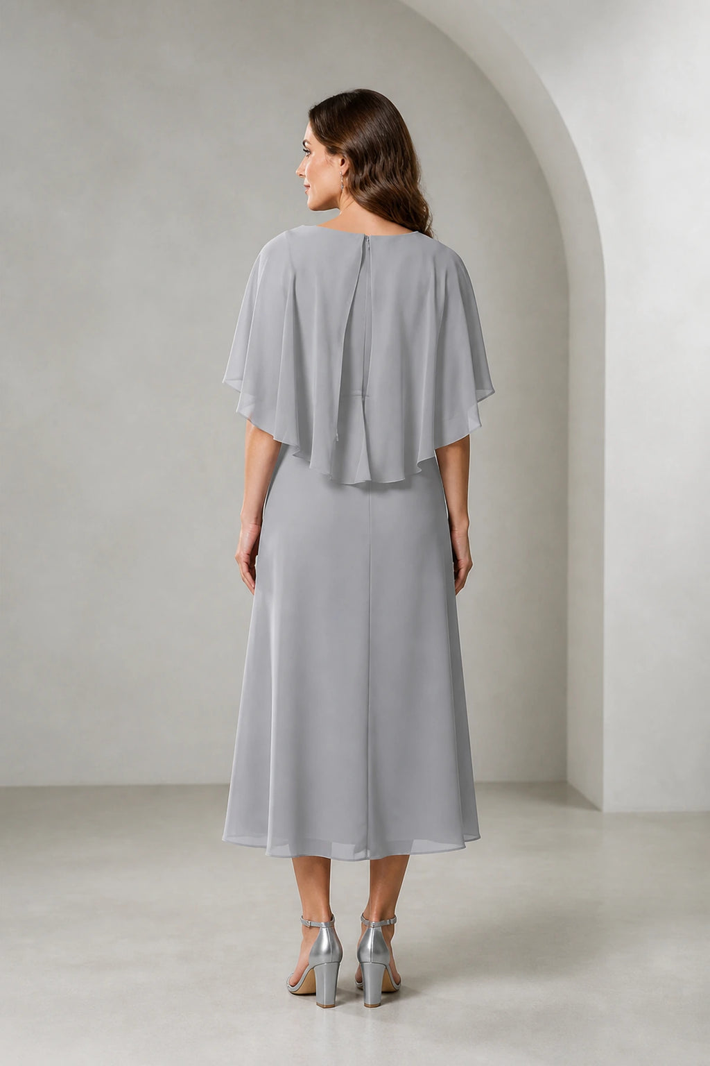 Refined A-Line Bateau Cape Sleeve Zipper Back Tea-Length Mother of Bride Dress