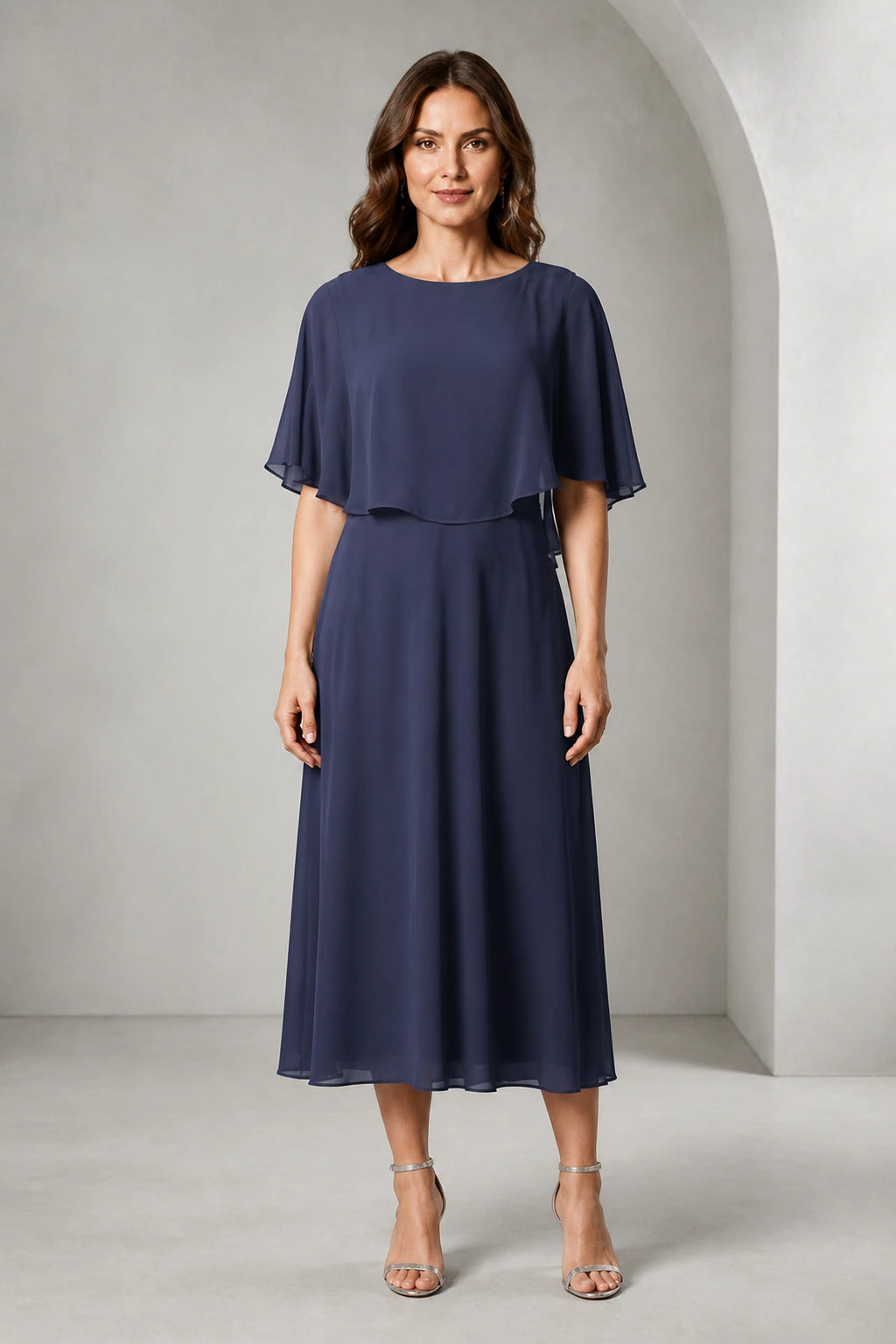 Refined A-Line Bateau Cape Sleeve Zipper Back Tea-Length Mother of Bride Dress