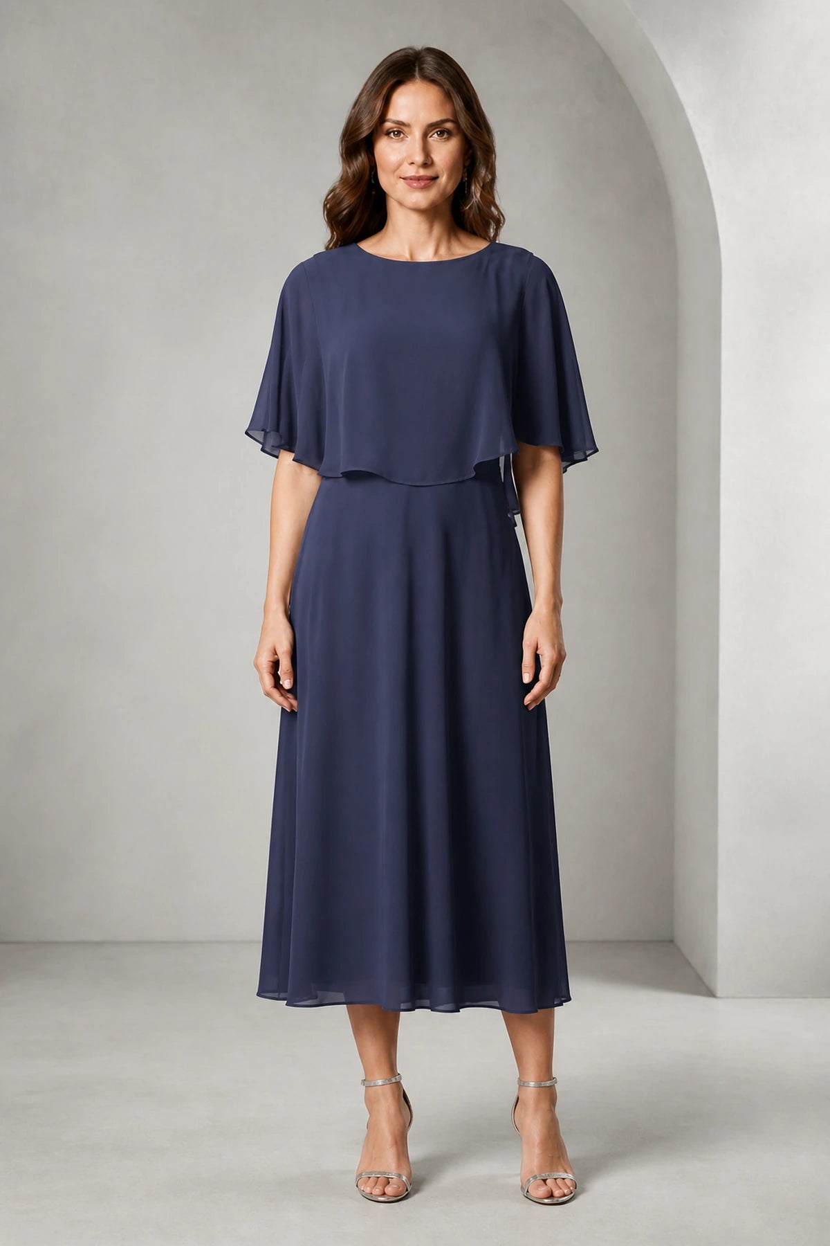 Refined A-Line Bateau Cape Sleeve Zipper Back Tea-Length Mother of Bride Dress