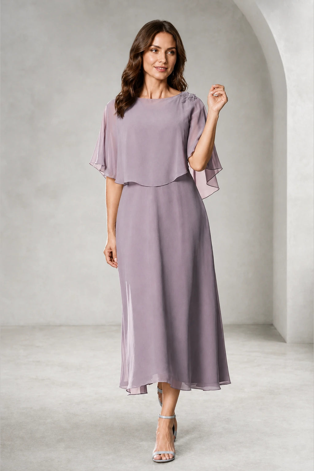 Refined A-Line Bateau Cape Sleeve Zipper Back Tea-Length Mother of Bride Dress