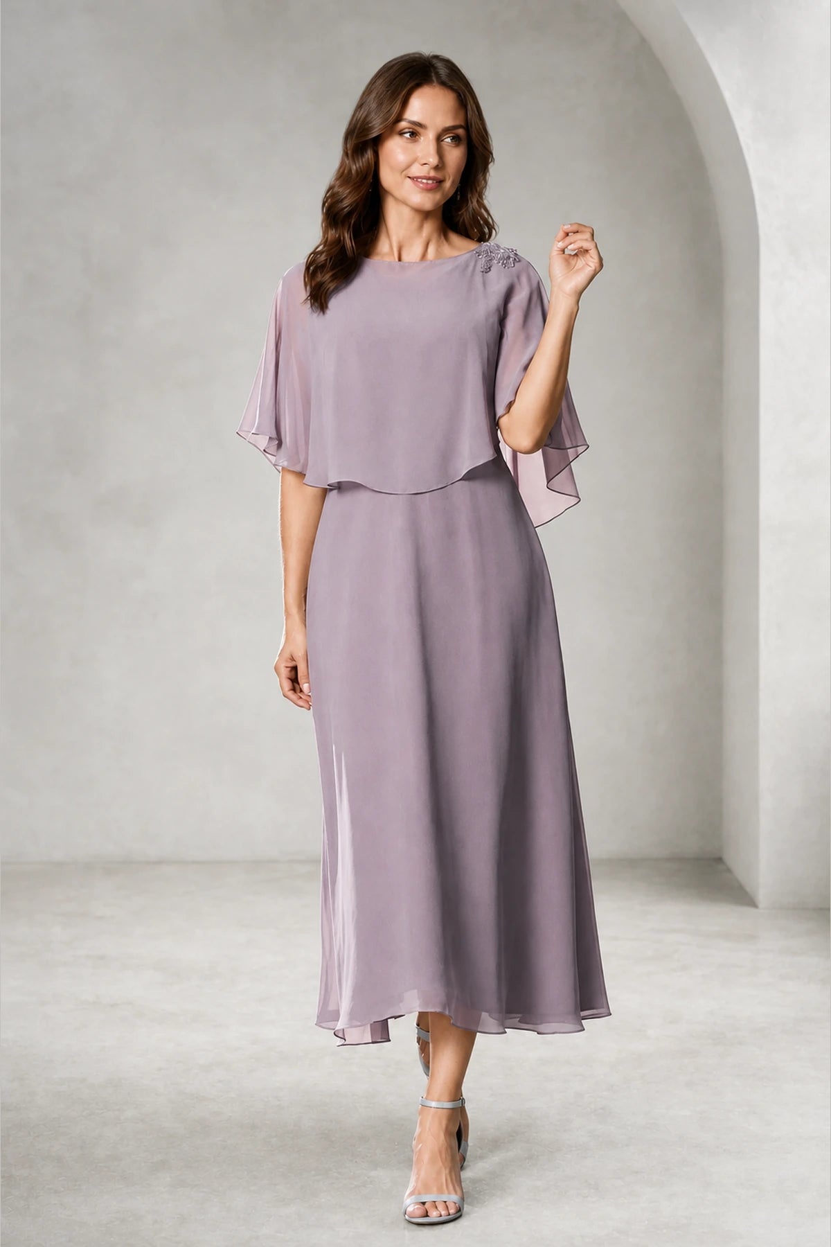 Refined A-Line Bateau Cape Sleeve Zipper Back Tea-Length Mother of Bride Dress