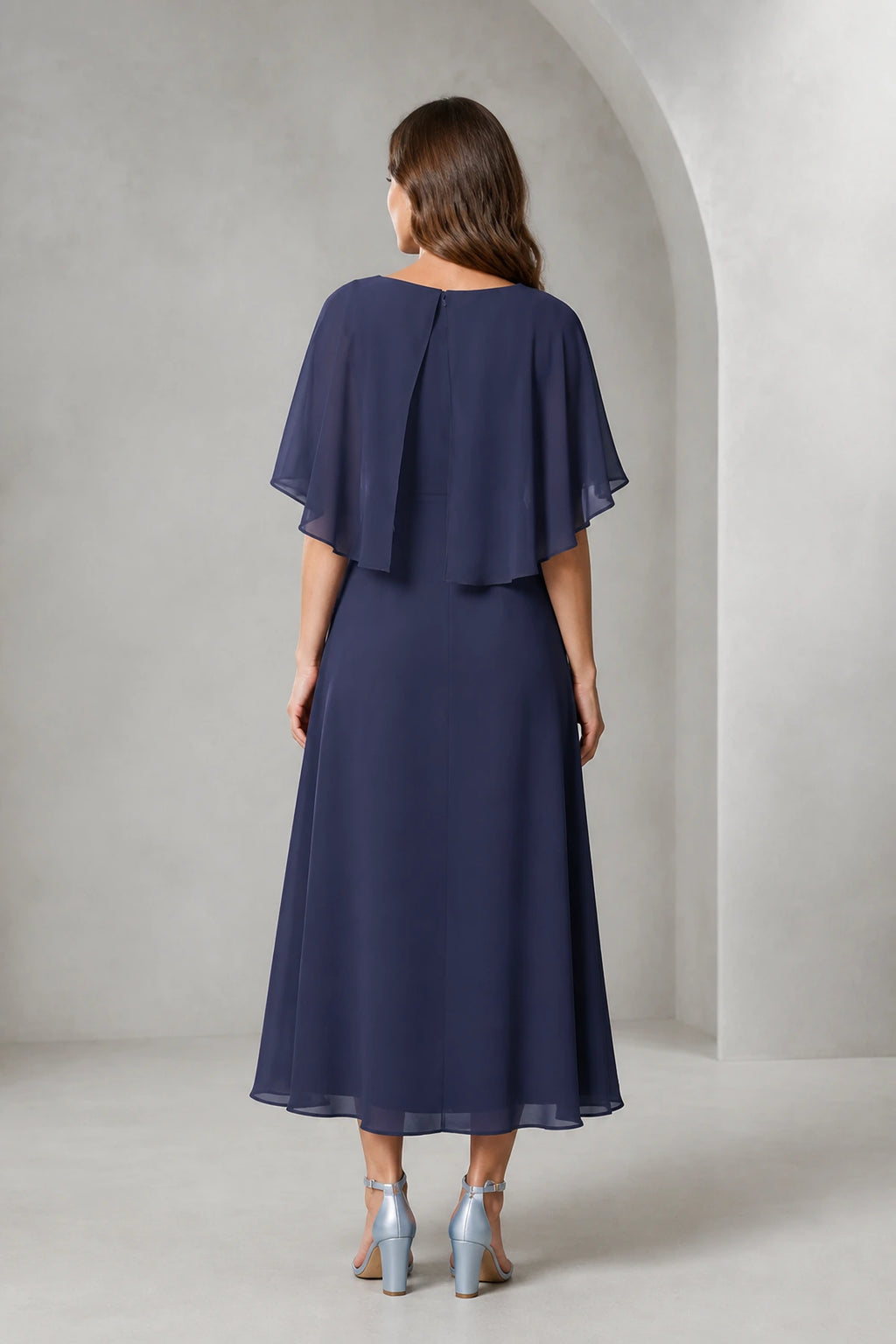 Refined A-Line Bateau Cape Sleeve Zipper Back Tea-Length Mother of Bride Dress