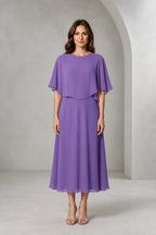 Refined A-Line Bateau Cape Sleeve Zipper Back Tea-Length Mother of Bride Dress