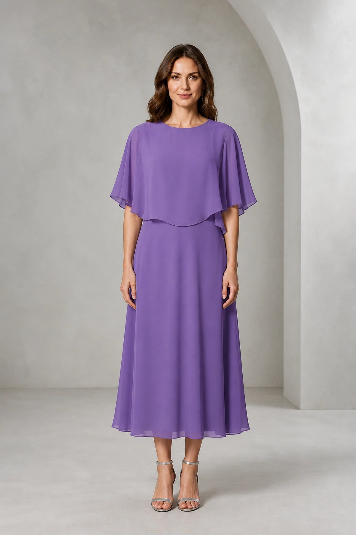 Refined A-Line Bateau Cape Sleeve Zipper Back Tea-Length Mother of Bride Dress
