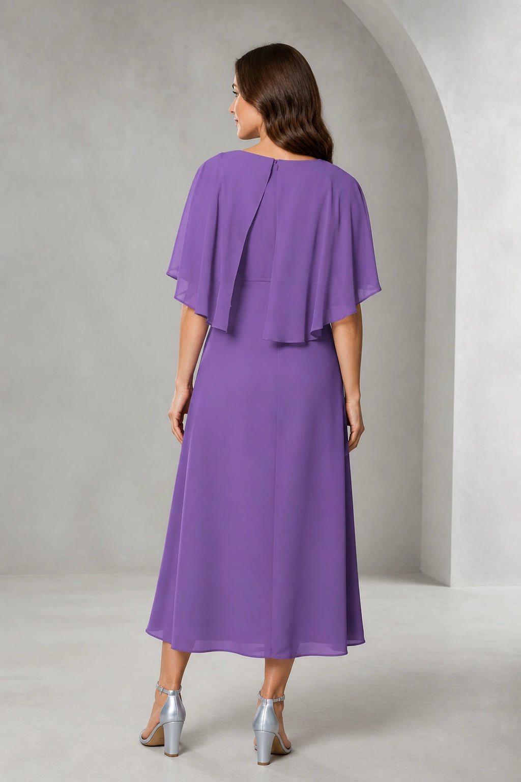 Refined A-Line Bateau Cape Sleeve Zipper Back Tea-Length Mother of Bride Dress