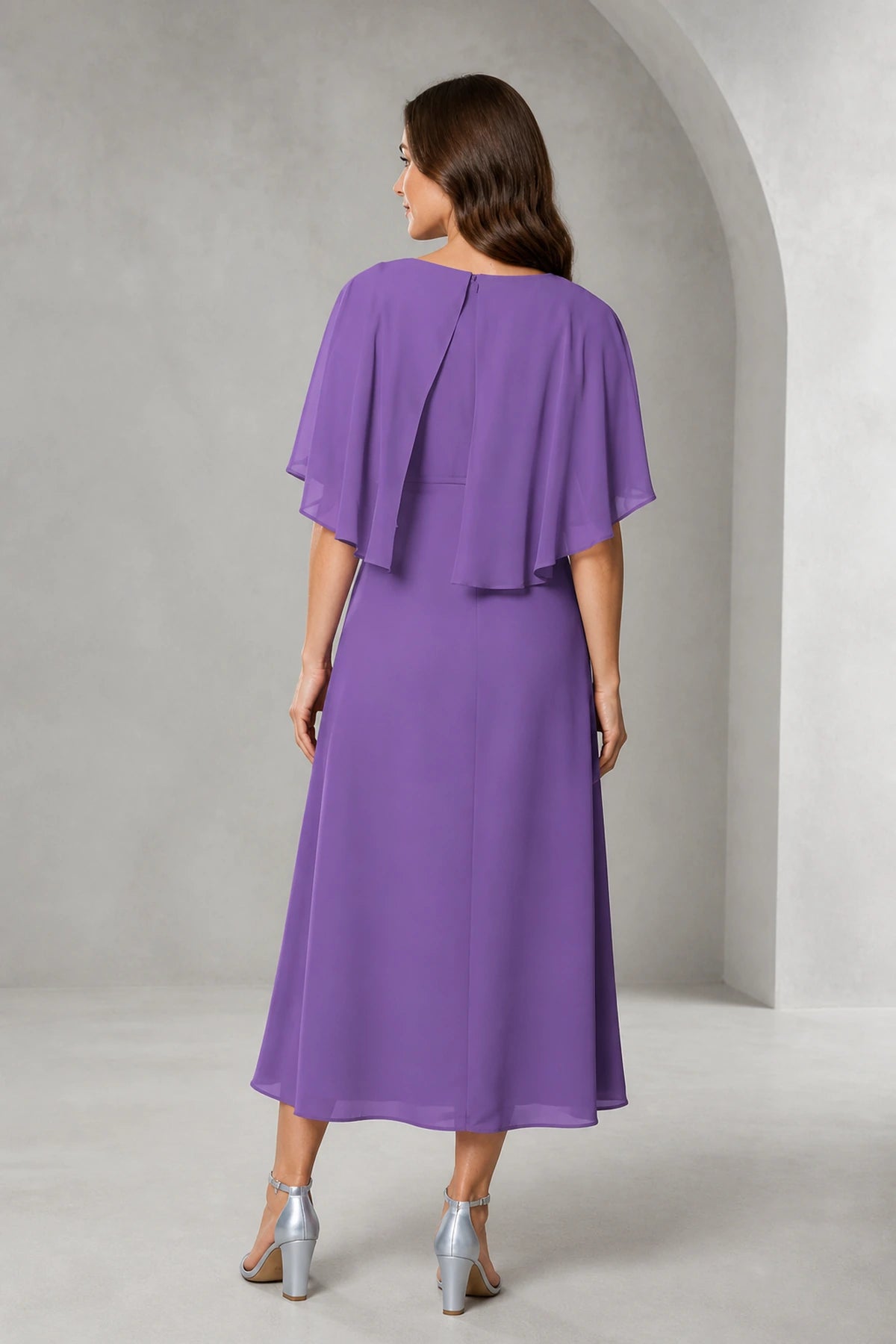 Refined A-Line Bateau Cape Sleeve Zipper Back Tea-Length Mother of Bride Dress