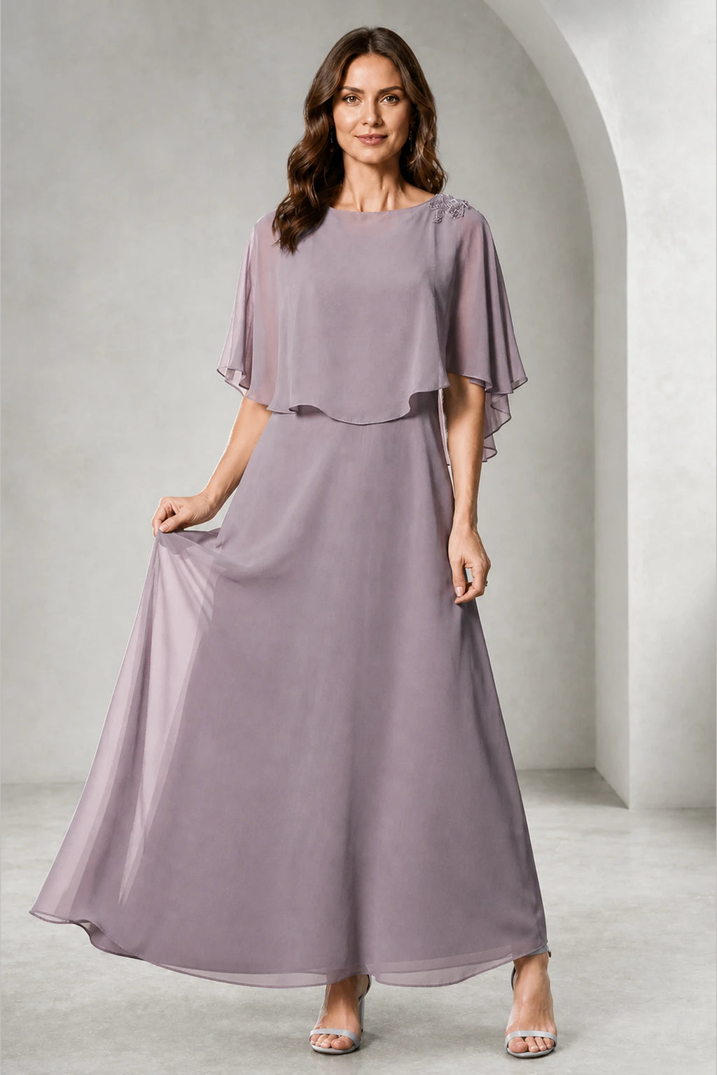 Refined A-Line Bateau Cape Sleeve Zipper Back Tea-Length Mother of Bride Dress