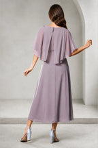 Vedress dusty mauve mother of the bride dress with cape sleeves center zipper back and tea-length A-line skirt back view