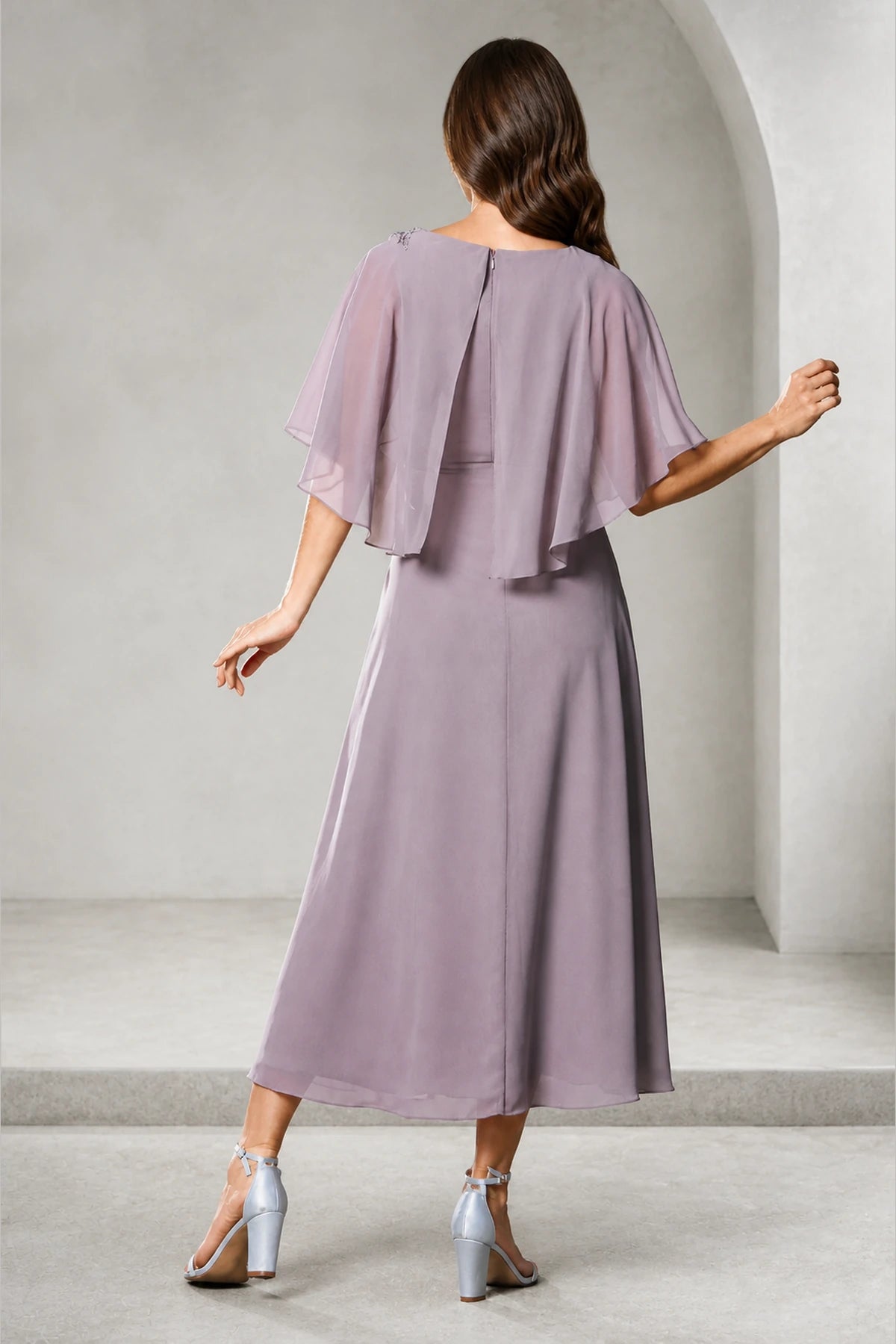 Vedress dusty mauve mother of the bride dress with cape sleeves center zipper back and tea-length A-line skirt back view
