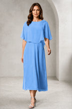 Refined A-Line Bateau Cape Sleeve Zipper Back Tea-Length Mother of Bride Dress