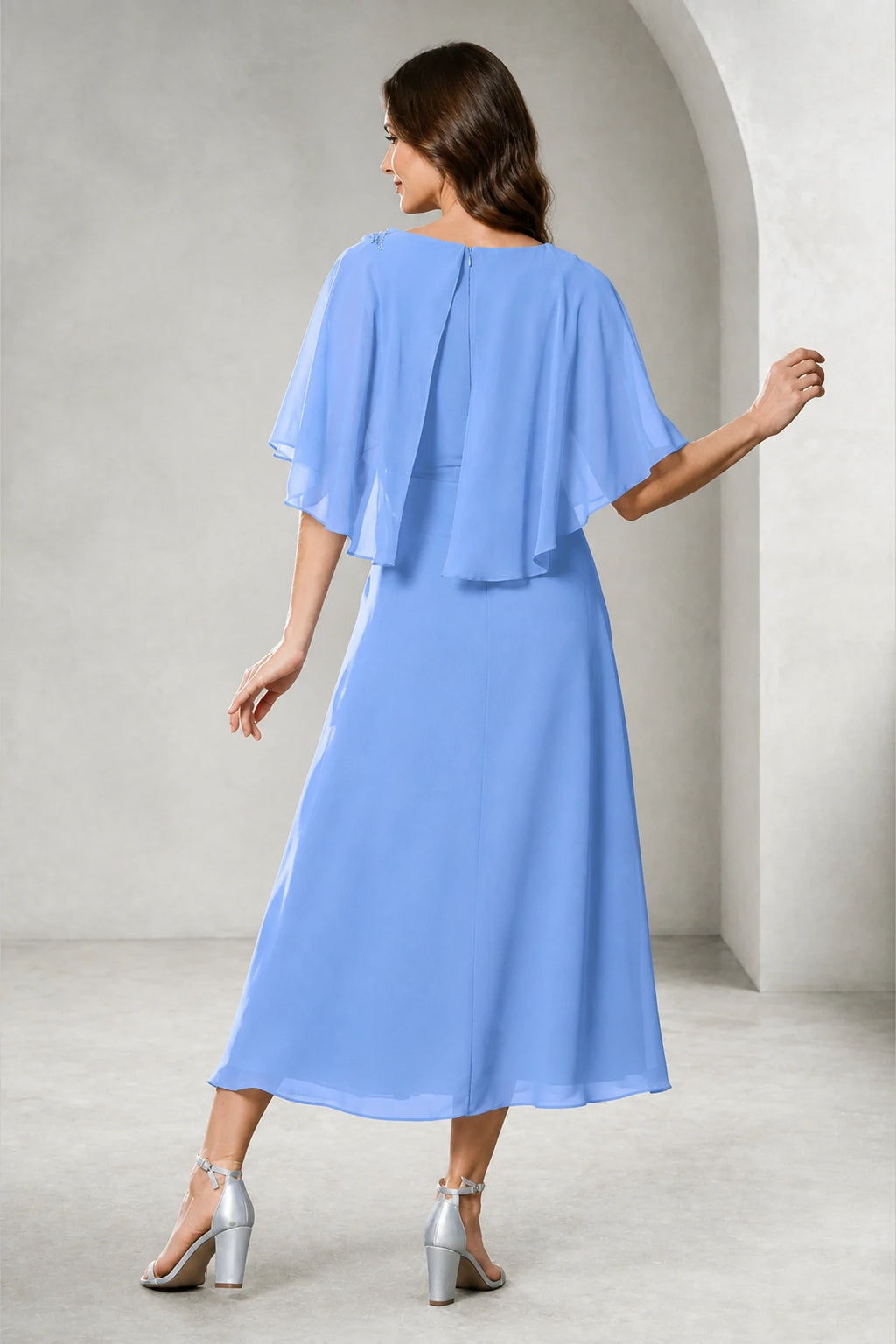 Refined A-Line Bateau Cape Sleeve Zipper Back Tea-Length Mother of Bride Dress