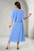 Refined A-Line Bateau Cape Sleeve Zipper Back Tea-Length Mother of Bride Dress
