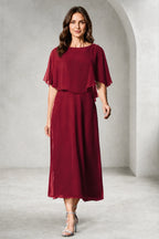 Refined A-Line Bateau Cape Sleeve Zipper Back Tea-Length Mother of Bride Dress