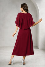 Refined A-Line Bateau Cape Sleeve Zipper Back Tea-Length Mother of Bride Dress