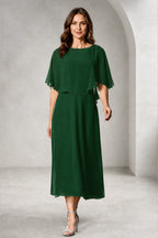 Refined A-Line Bateau Cape Sleeve Zipper Back Tea-Length Mother of Bride Dress
