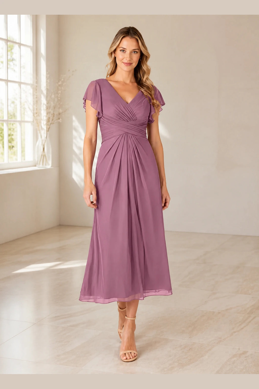 Vedress dusty mauve mother of the bride dress with V-neck flutter sleeves ruched bodice and A-line midi skirt front view