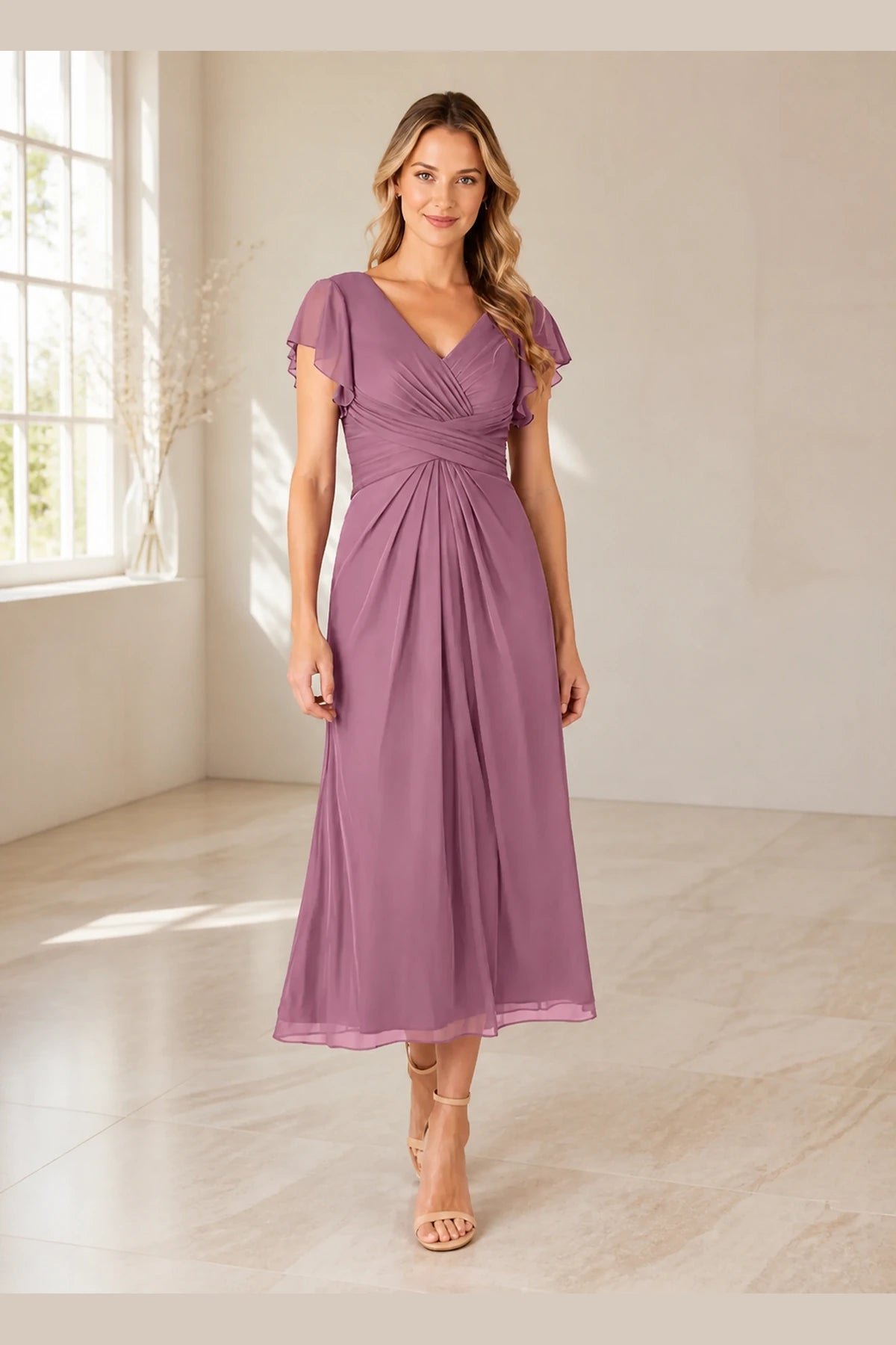 Vedress dusty mauve mother of the bride dress with V-neck flutter sleeves ruched bodice and A-line midi skirt front view