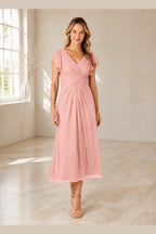 Elegant A-Line V-Neck Flutter Sleeve Zipper Back Midi Mother of Bride Dress