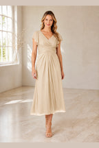 Elegant A-Line V-Neck Flutter Sleeve Zipper Back Midi Mother of Bride Dress