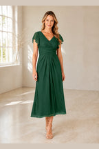 Elegant A-Line V-Neck Flutter Sleeve Zipper Back Midi Mother of Bride Dress