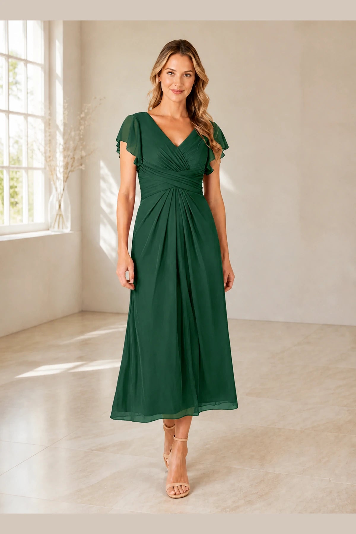 Elegant A-Line V-Neck Flutter Sleeve Zipper Back Midi Mother of Bride Dress
