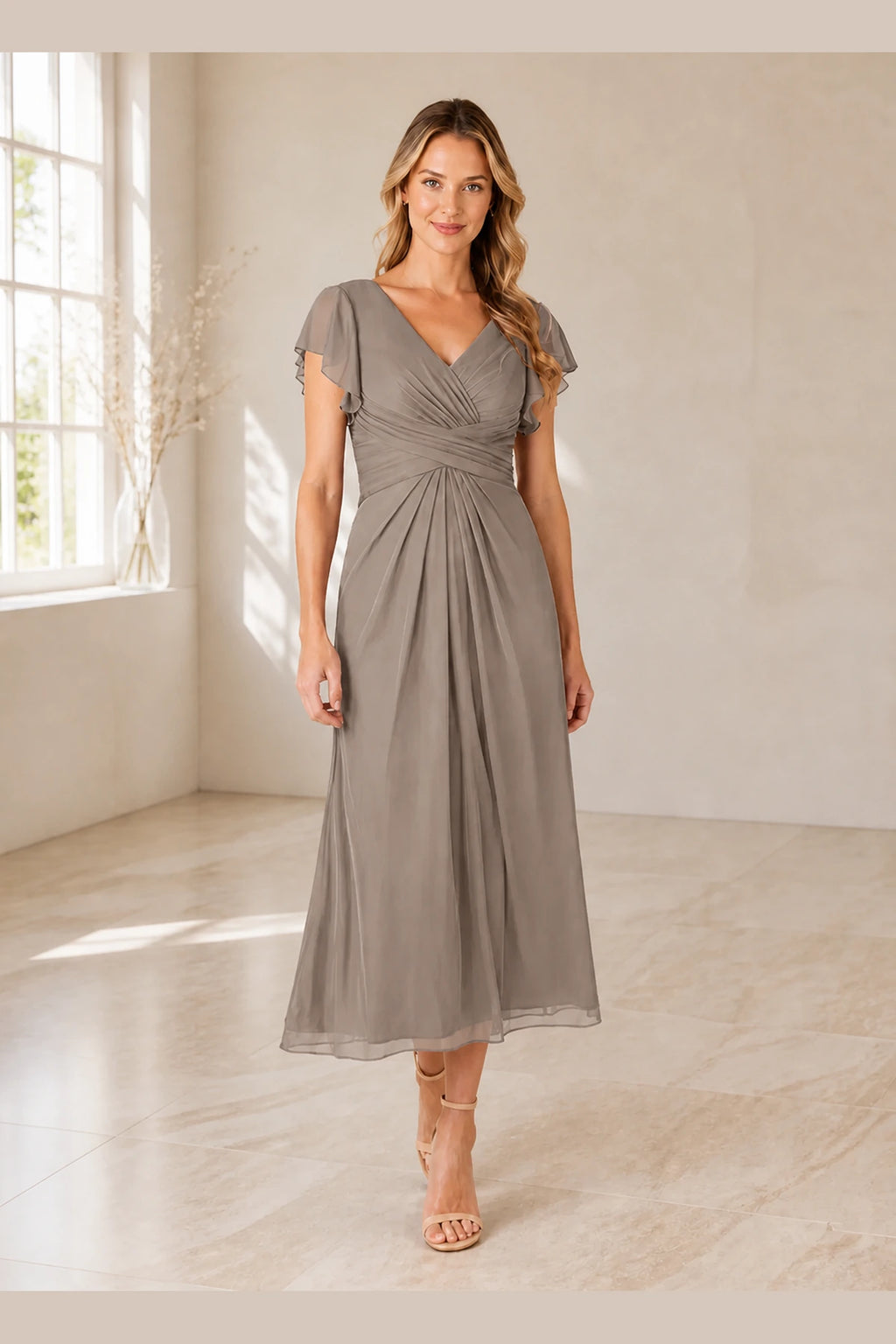 Elegant A-Line V-Neck Flutter Sleeve Zipper Back Midi Mother of Bride Dress