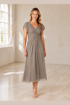 Elegant A-Line V-Neck Flutter Sleeve Zipper Back Midi Mother of Bride Dress
