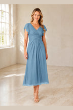 Elegant A-Line V-Neck Flutter Sleeve Zipper Back Midi Mother of Bride Dress