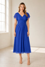 Elegant A-Line V-Neck Flutter Sleeve Zipper Back Midi Mother of Bride Dress